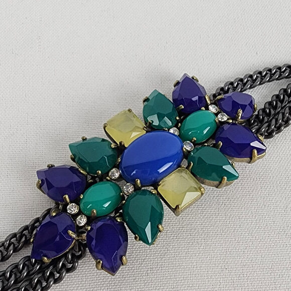 Stella And Dot Blue & Green Rhinestone Hematite Black Chain Link Bracelet - Picture 3 of 6